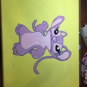 A pink stitch painting with a yellow background
